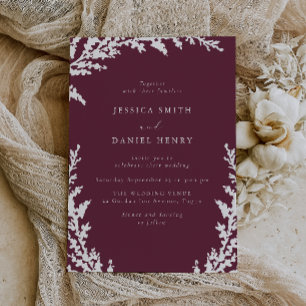 Elegant White Boho Leaf Burgundy Merlot Wedding Invitation