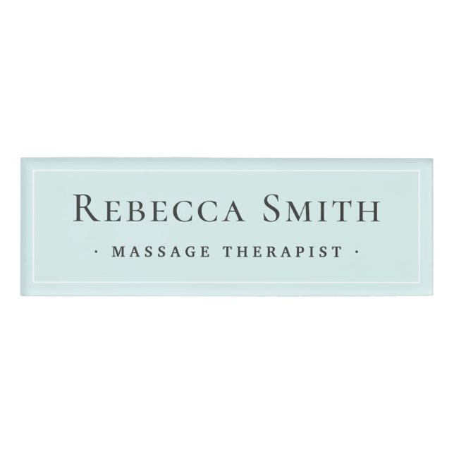 Elegant white border light aqua blue name tag (Front)