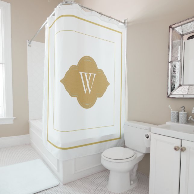 Elegant white Border Monogram Letter Shower Curtain (In Situ)