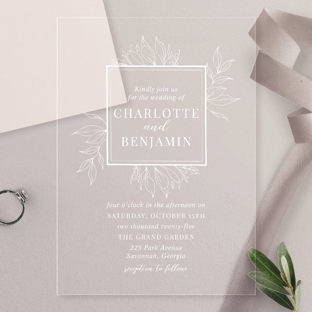 Elegant White Botanical Frame Wedding Acrylic Invitations (Creator Uploaded)