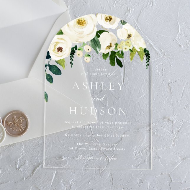 Elegant White Botanical Wedding Arch Acrylic Invitations (Creator Uploaded)