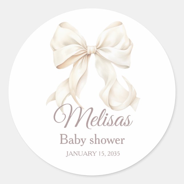 Elegant White Bow Baby Shower  Classic Round Stick Classic Round Sticker (Front)