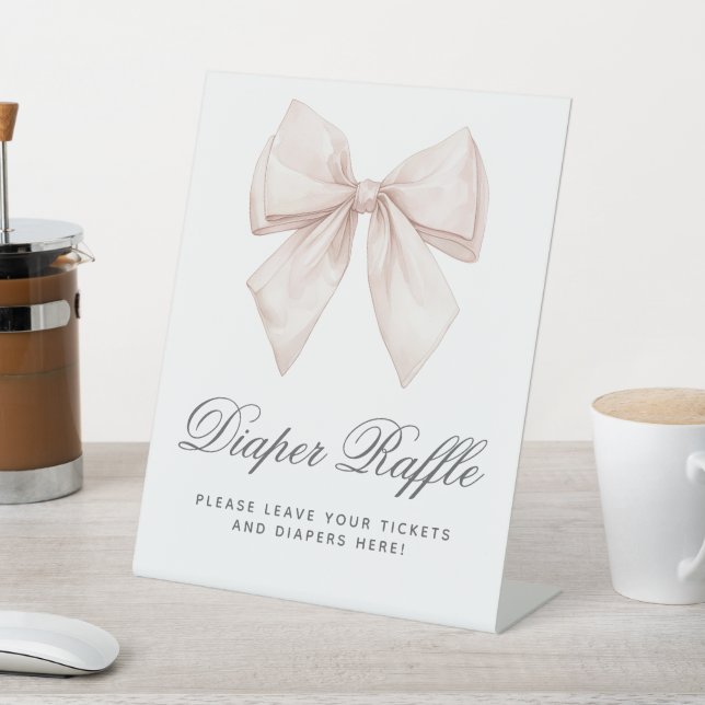 Elegant White Bow Baby Shower Diaper Raffle Sign (In SItu)