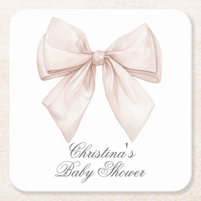 Elegant White Bow Baby Shower Square Paper Coaster (Front)