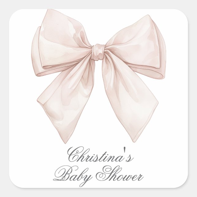 Elegant White Bow Baby Shower Square Sticker (Front)