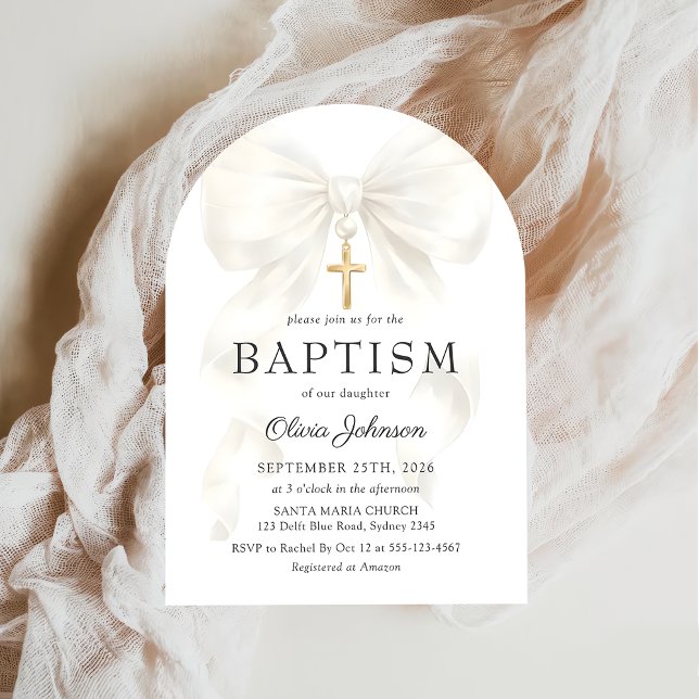 Elegant White Bow Baptism Girl Invitation (Creator Uploaded)