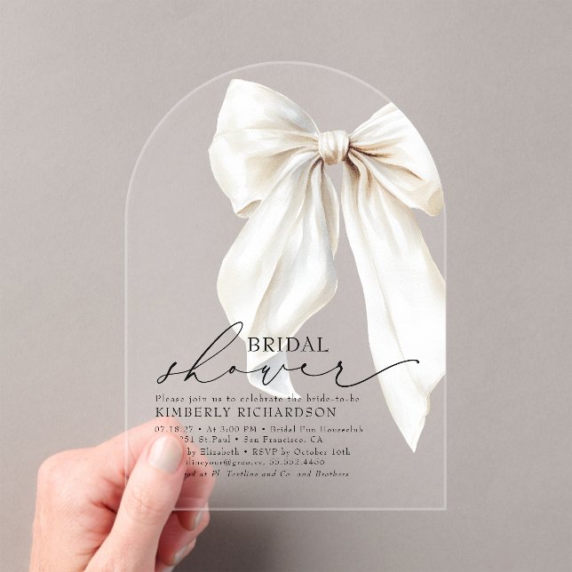Elegant White Bow Bridal Shower Chic Cream Acrylic Invitations (Insitu (Handheld))