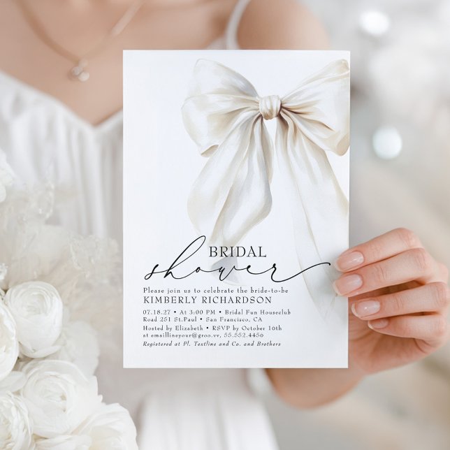 Elegant White Bow Bridal Shower Chic Cream Invitation (White Bow Elegant Romantic Bridal Shower Invitation)