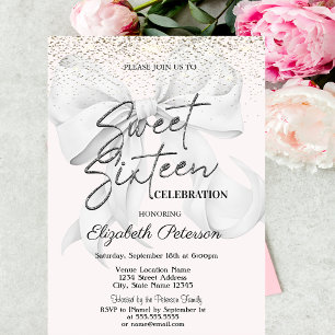 Elegant White Bow Confetti Sweet 16 Invitation