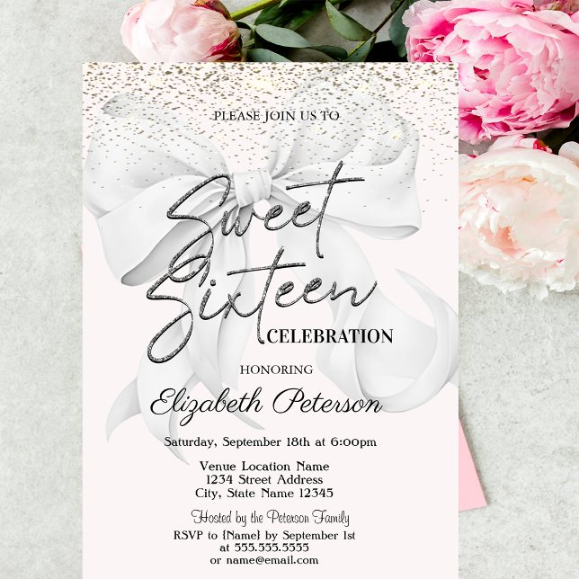 Elegant White Bow Confetti Sweet 16 Invitation (Creator Uploaded)