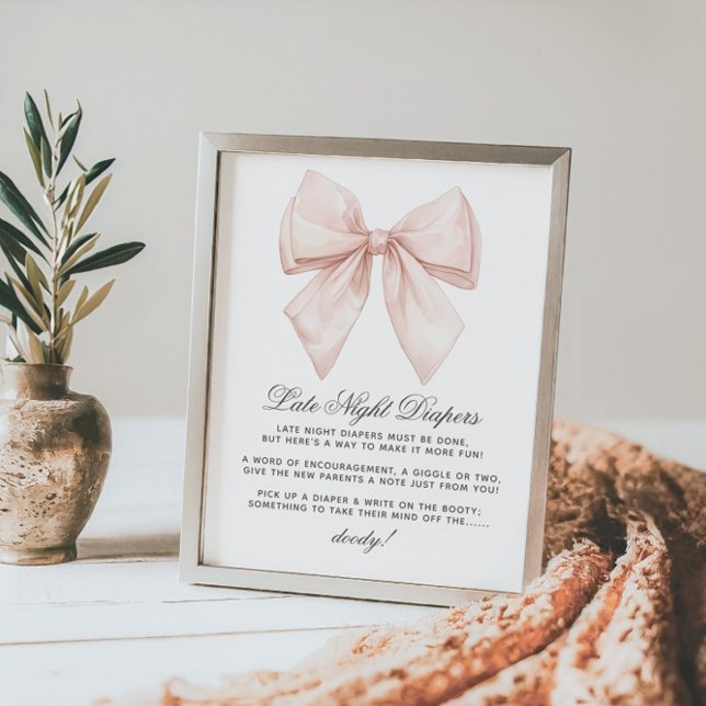 Elegant White Bow Late Night Diapers Baby Shower Poster (Creator Uploaded)