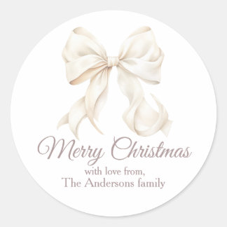 Elegant White Bow Merry Christmas Classic Round Sticker