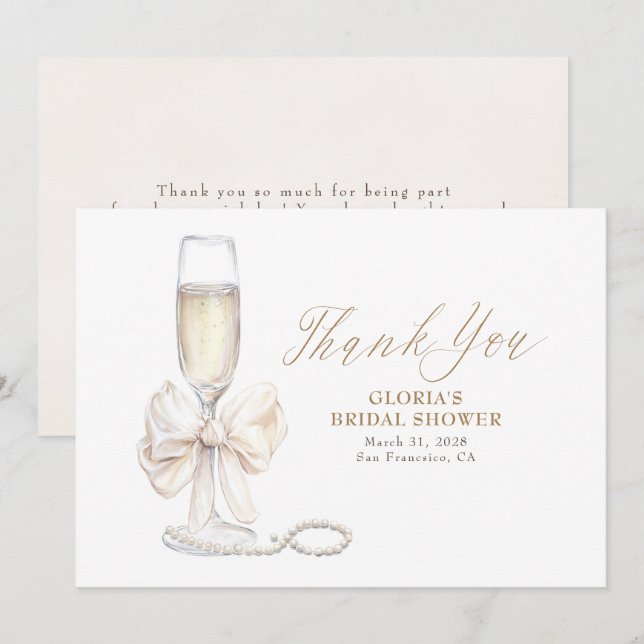 Elegant White Bow Prosecco Bridal Shower Thank You (Front/Back)