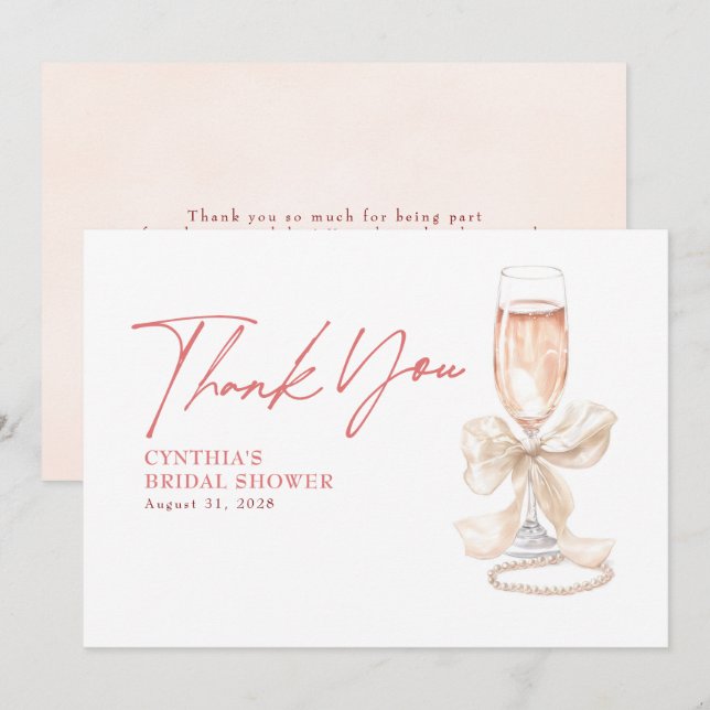 Elegant White Bow Prosecco Bridal Shower Thank You Card (Front/Back)
