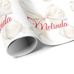 Elegant White Bow red name  Christmas  Wrapping Paper