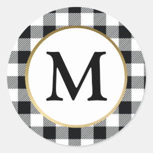 Elegant White Buffalo  Plaid Initial Monogram Classic Round Sticker