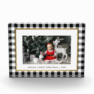 Elegant White Buffalo Plaid Personalised Holiday Photo Block