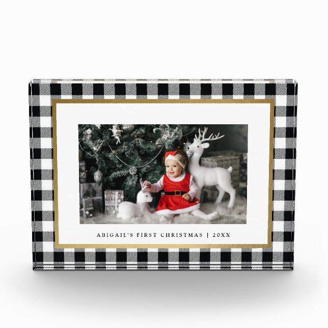 Elegant White Buffalo Plaid Personalised Holiday Photo Block (Front)