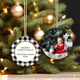 Elegant White Buffalo Plaid Photo Ceramic Tree Decoration
