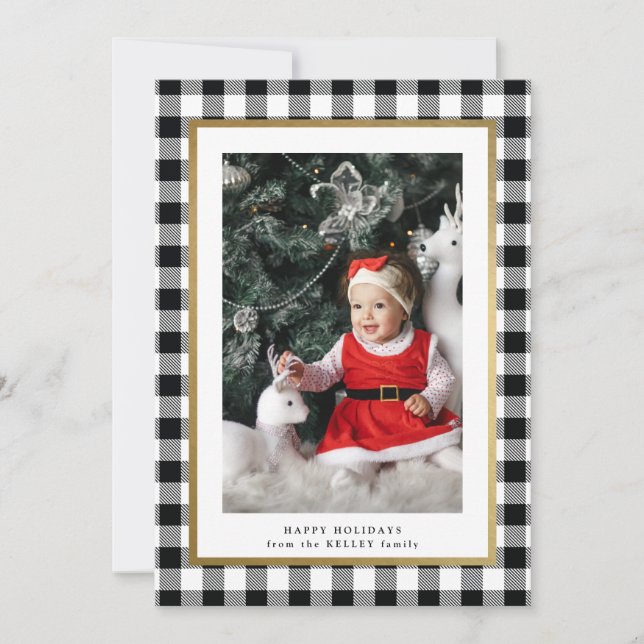 Elegant White Buffalo Plaid Vertical Photo Holiday Card (Front)