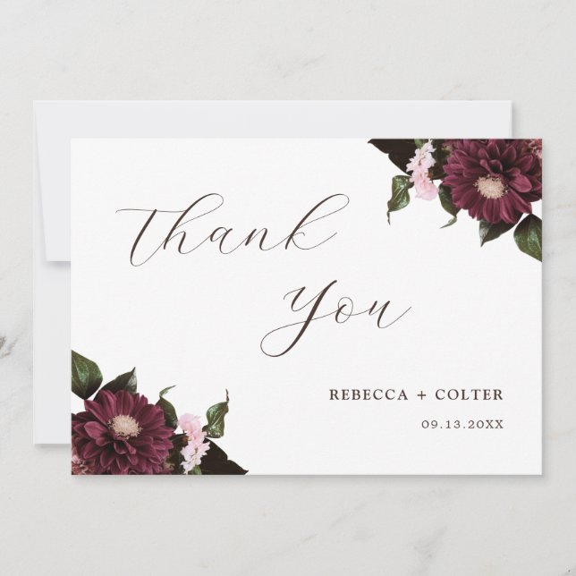 Elegant White Burgundy Floral Wedding Thank You Card (Front)