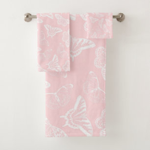 Elegant White Butterflies Pink Design Bath Towel Set