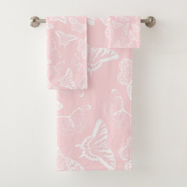 Elegant White Butterflies Pink Design Bath Towel Set (Insitu)