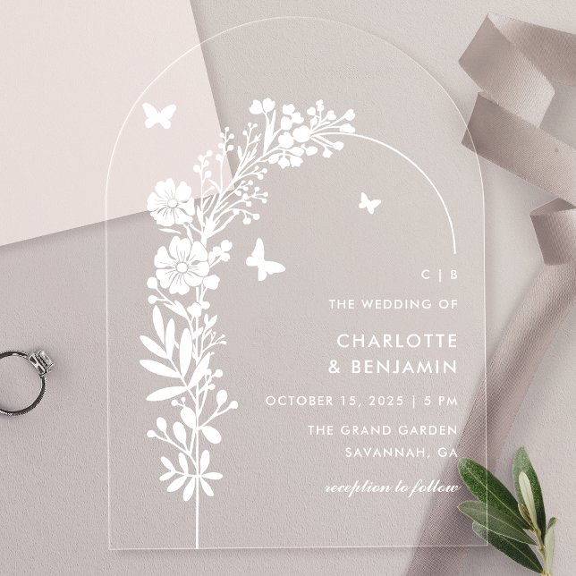 Elegant White Butterfly Botanical Wedding Acrylic Invitations (Creator Uploaded)