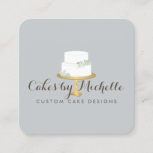 Elegant White Cake with Florals Cake Decorating Square Business Card