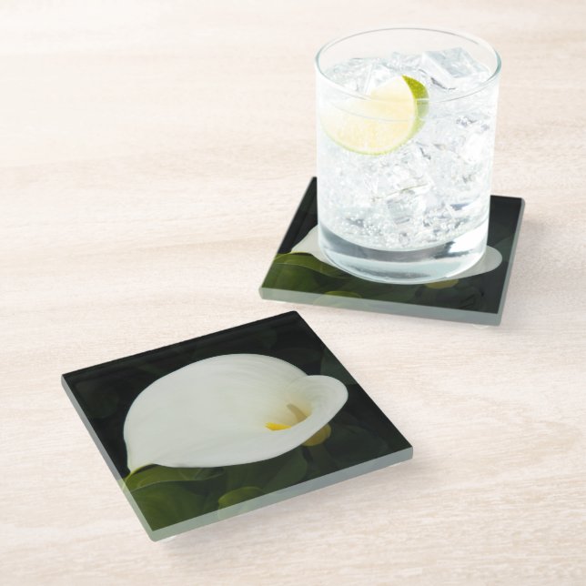 Elegant White Calla Lily Bloom Floral Glass Coaster (Angled)