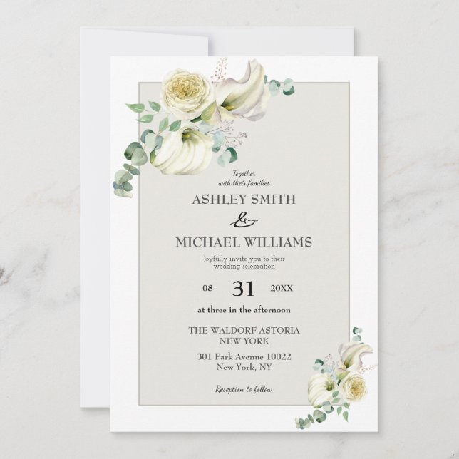 Elegant White Calla Lily & Eucalyptus Wedding Invitation (Front)