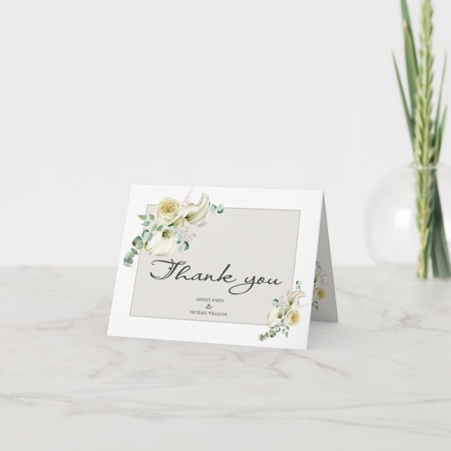 Elegant White Calla Lily & Eucalyptus Wedding Thank You Card (Front)