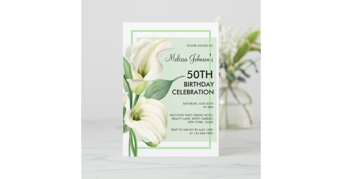 Elegant White Calla Lily Floral 50th Birthday Invitation | Zazzle