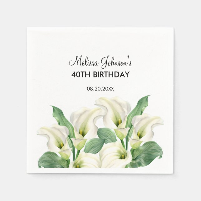 Elegant White Calla Lily Floral Birthday Napkin (Front)