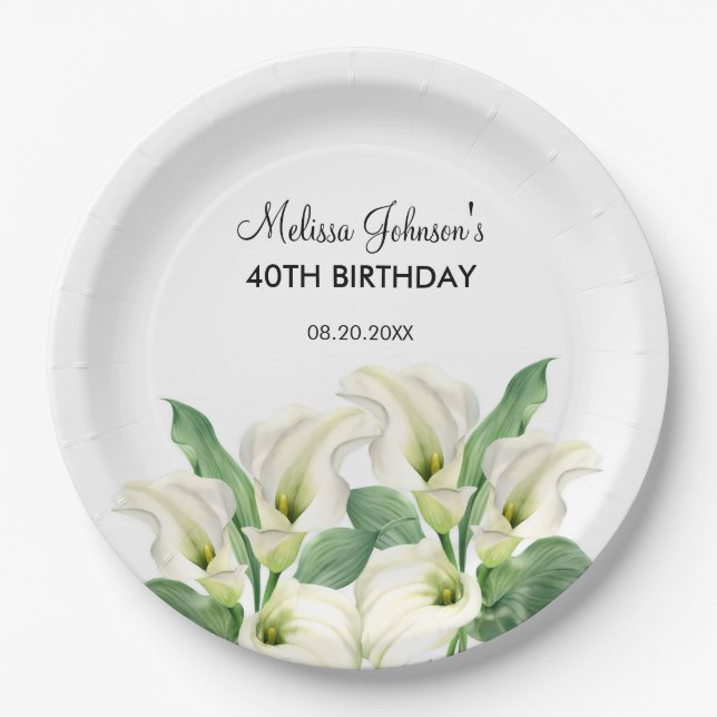 Elegant White Calla Lily Floral Birthday Paper Plate (Front)