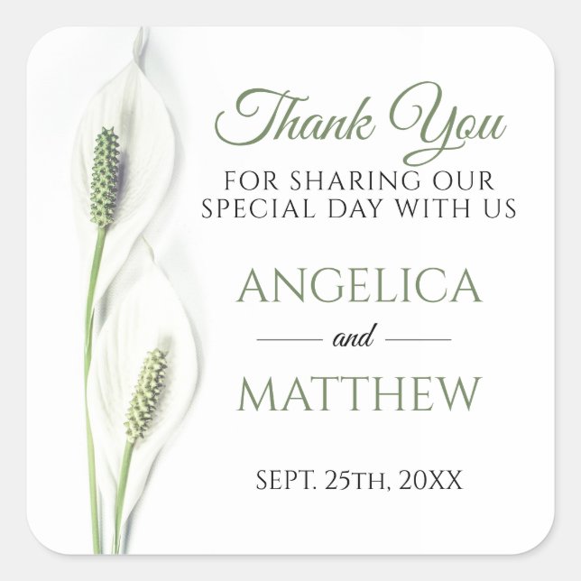 Elegant White Calla Lily Flowers Floral Thank You Square Sticker (Front)