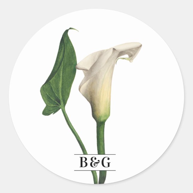 Elegant White Calla Lily Green Botanical Wedding Classic Round Sticker (Front)