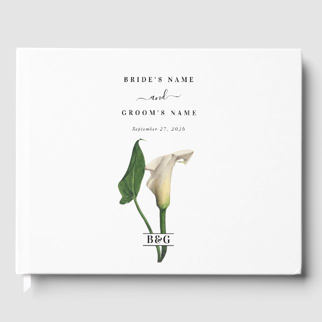 Elegant White Calla Lily Green Botanical Wedding Guest Book (Front)
