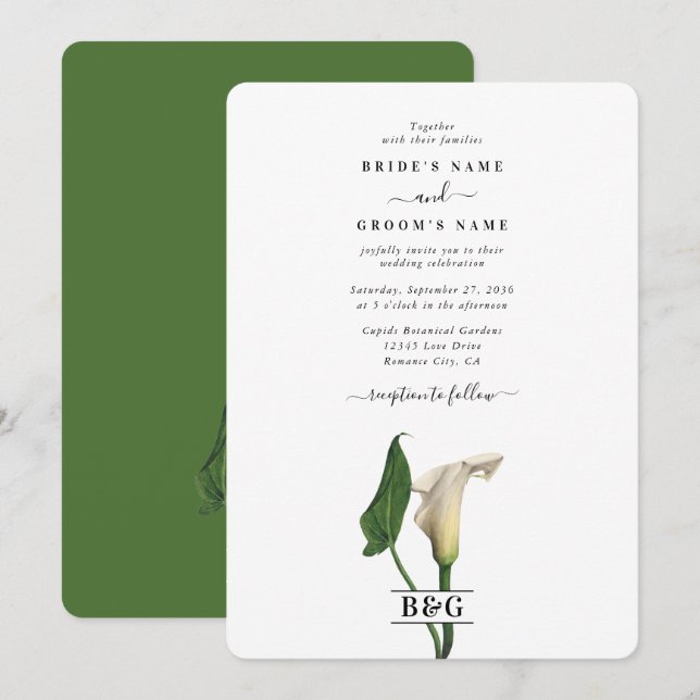 Elegant White Calla Lily Green Botanical Wedding Invitation (Front/Back)
