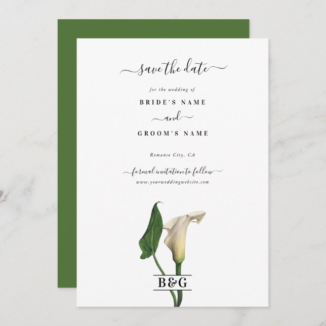 Elegant White Calla Lily Green Botanical Wedding Save The Date (Front/Back)