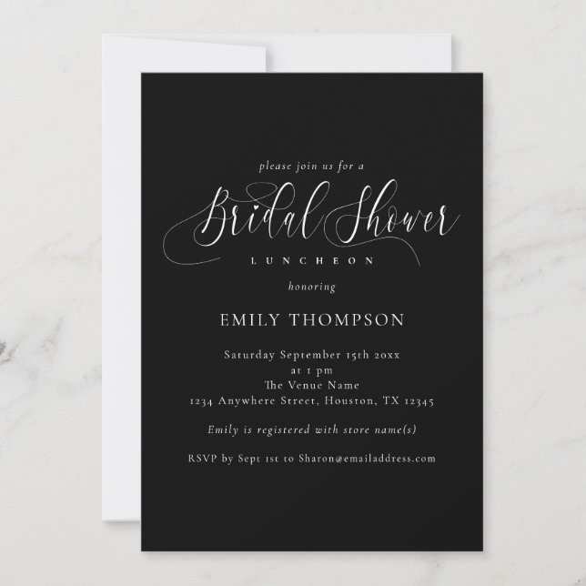 Elegant White Calligraphy Black Bridal Shower  Invitation (Front)