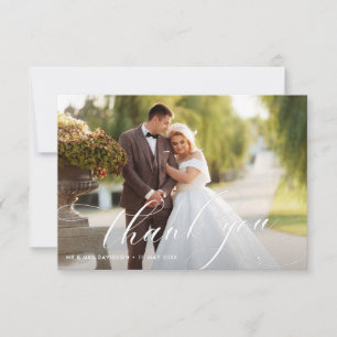elegant white calligraphy lettering wedding photo thank you card