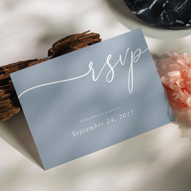 Elegant White Calligraphy on Dusty Blue Wedding RSVP Card (Elegant White Calligraphy on Dusty Blue Wedding RSVP Card Customizable)