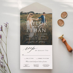 Elegant White Calligraphy Photo Wedding All In One Invitation