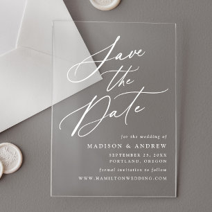 Elegant White Calligraphy Wedding Save the Date Acrylic Invitations