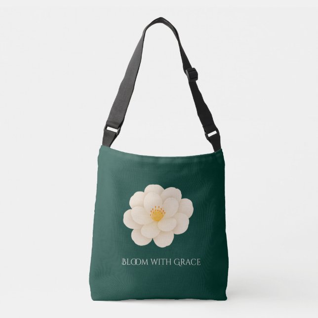Elegant White Camellia Deep Green Botanical Bloom  Crossbody Bag (Front)