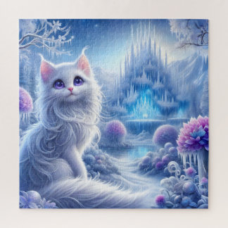 Elegant White Cat in a Snowy Magical Realm Jigsaw Puzzle