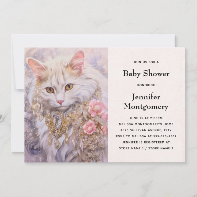 Elegant White Cat in Gold and Diamond Baby Shower Invitation (Front)