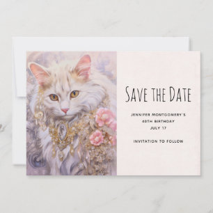 Elegant White Cat in Gold and Diamond Jewels Save The Date