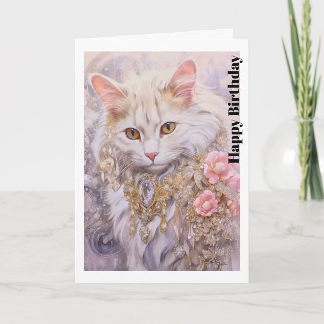 Elegant White Cat in Gold and Diamonds Birthday Card (Front)